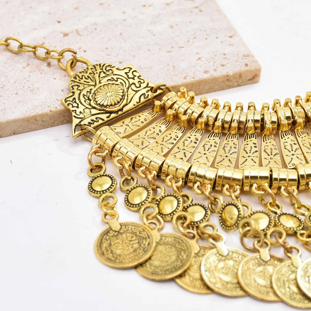 Traditionelle indische afghanische pakistanische ethnische Münzen Quaste Halsband Halskette Vintage goldene Legierung Münzen Kragen Damen Halsschmuck – Detail 15