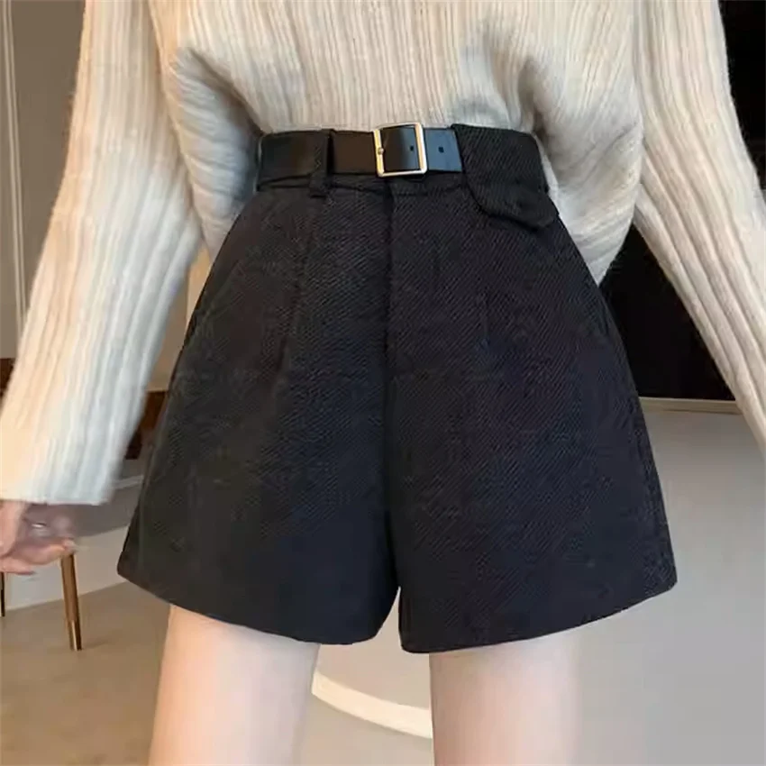Gowyimmes New Big Size Slim Women Sahes Woolen Shorts Lady High Waist A-line Wide Leg Shorts Girl Streatwear Bottomings PD1853