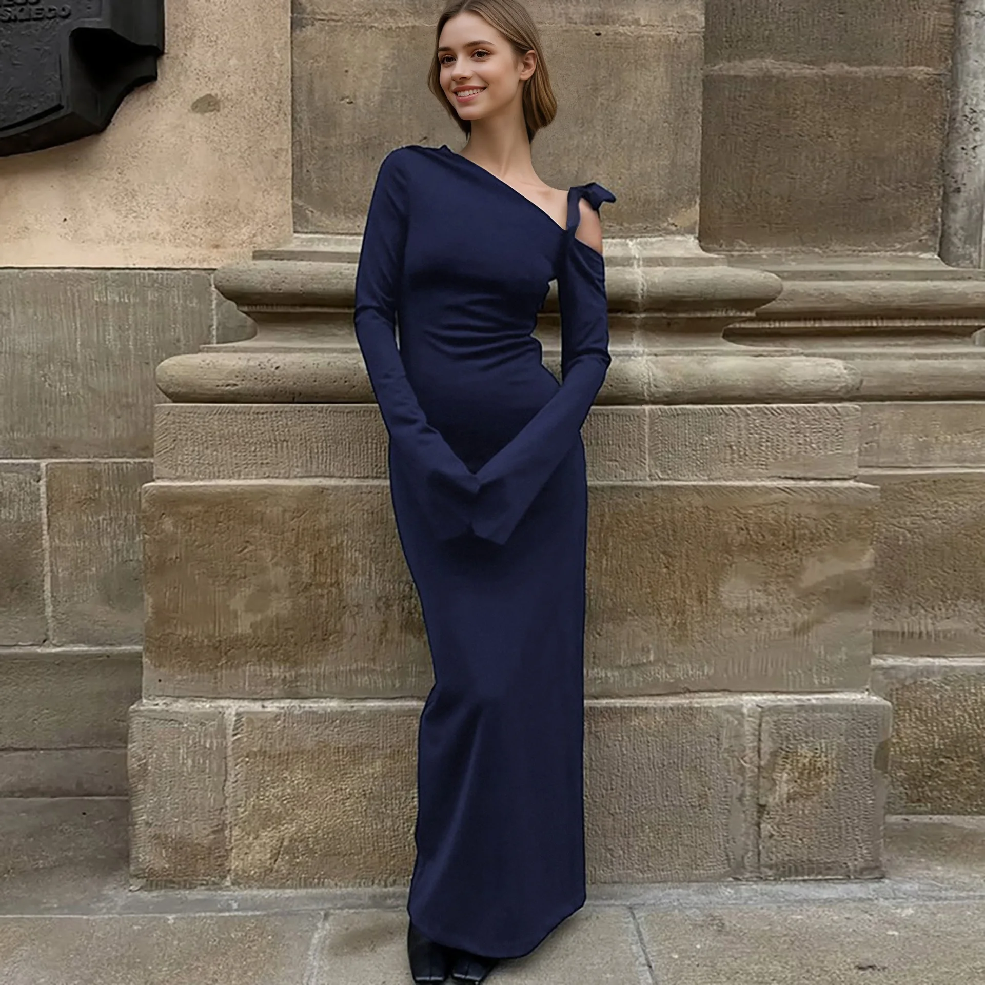 Elegant French Style Long Dress Tied Waist Sloping Collar Spring Commuting A-Line Silhouette Women's Fashion