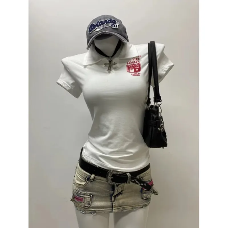 Deeptown Y2k White Vintage Women T-Shirts Harajuku Short Sleeve Letter Printed American Style Tees Polo Collar Slim Gyaru Summer