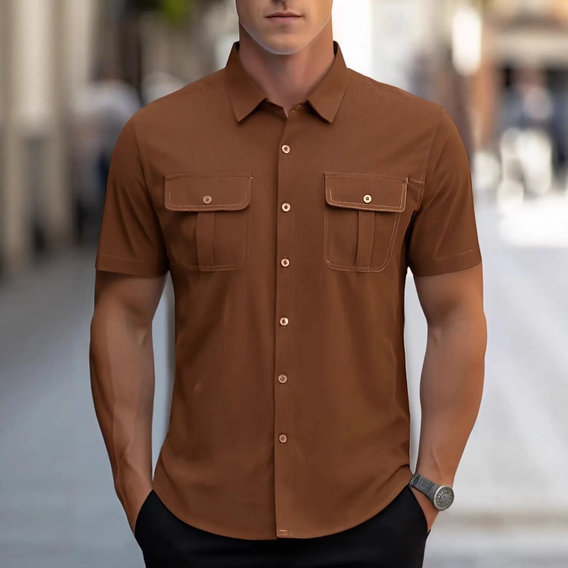 Casual American Style Corduroy Shirt Short Sleeve Men's Beach Breathable Lightweight Pocket Workwear Button up Loose Fit Men'...