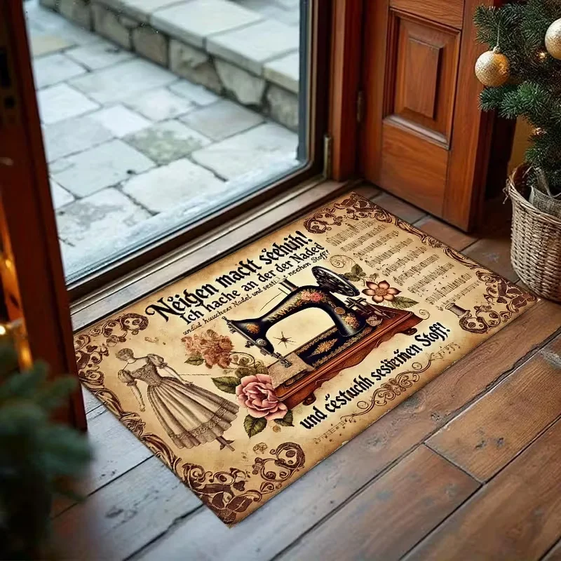 Welcome Mat Vintage Sewing Machine Design Area Rug Non-Slip Flannel Carpet for Home Office Living Room Bedroom Decor Floor Mat