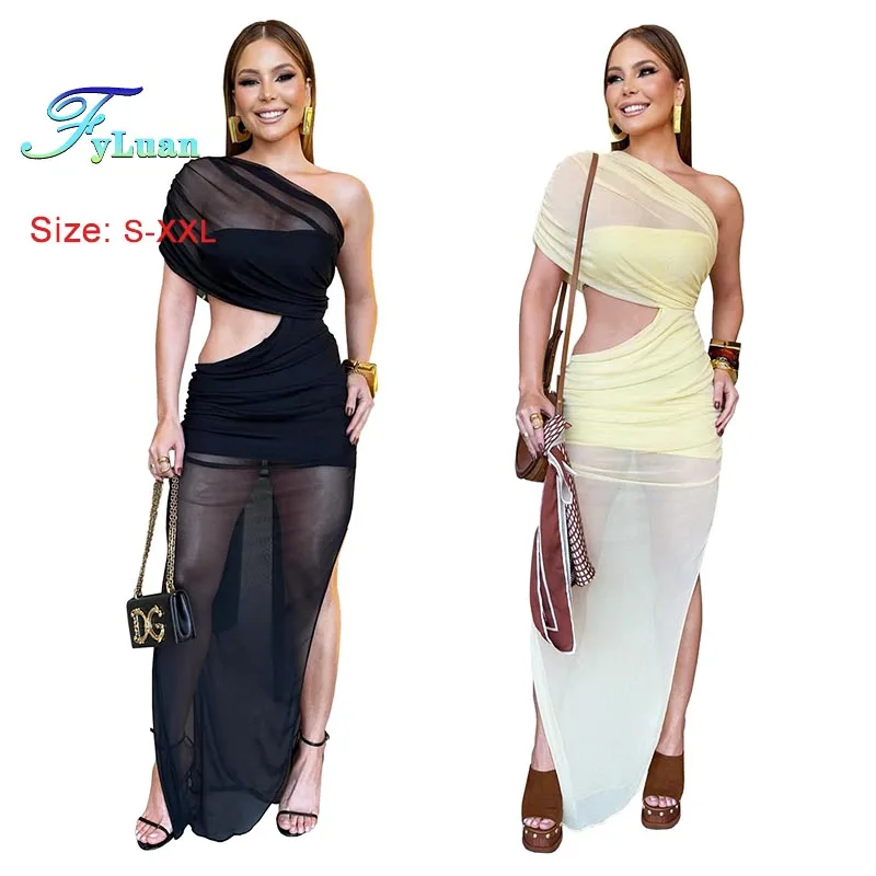 ชุดเดรสออกงานผ้าตาข่ายซีทรูแบบเซ็กซี่ ไหล่เฉียง ผ่าข้าง สีพื้น ทรงไม่สมมาตร สไตล์ยุโรปและอเมริกา