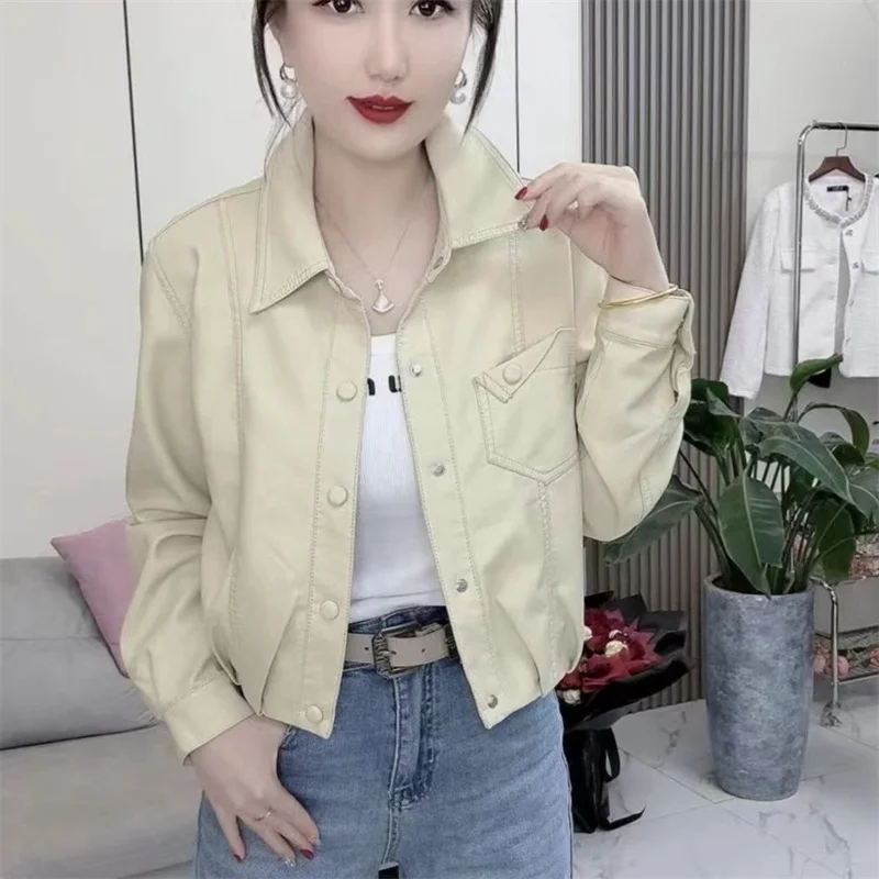 High Quality Fashion PU Leather Jackets Women's New 2025 Spring New Outwear Temperament Slim Overwear Washed Leather Coat Ladies