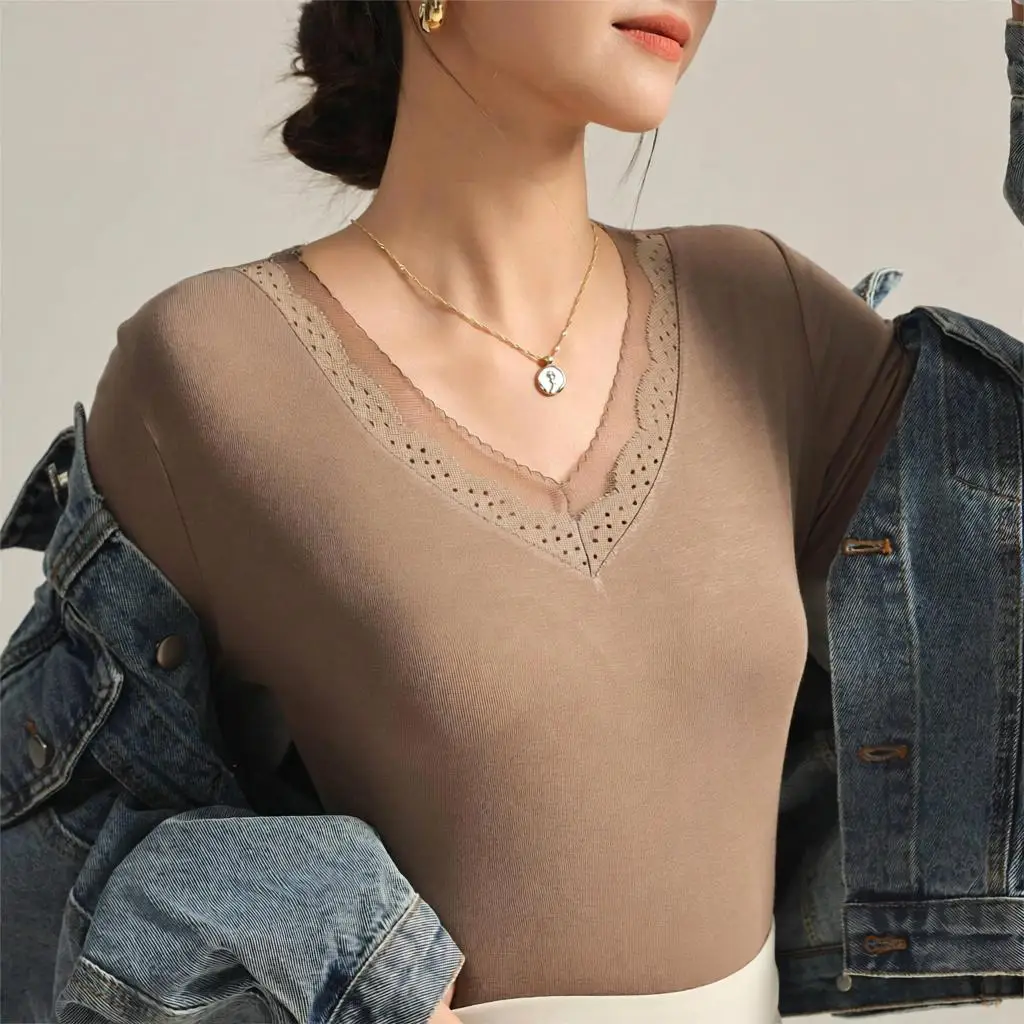 Women's Lace Mesh Base Shirt Sexy Slim Fit Long Sleeve Hollow out Warm Top as Inner Wear Spring Autumn Season as Underwear
