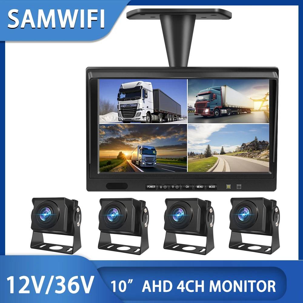 

10 inch AHD 2-4ch Recorder DVR Car Monitor Vehicle Truck Night Vision Rear View Camera Security Surveillance 4 Split Screen