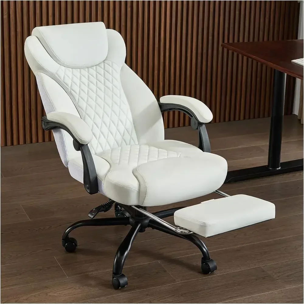 Ergonomic High-Back Leather Office Chair with Footrest and Lumbar Support for Big and Tall, White