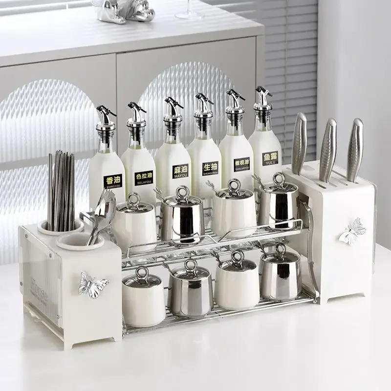 Complete Set of Household Combination Seasoning Jars, Ceramic with Knife Storage Rack, Kitchen Supplies Seasoning Jars