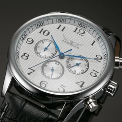 JARAGAR Classico Quadrante Bianco Blu Mani Mens Meccanico Auto Orologio Da Polso Day Date 24hrs Cinturino In Vera Pelle Orologi Orologio Maschile