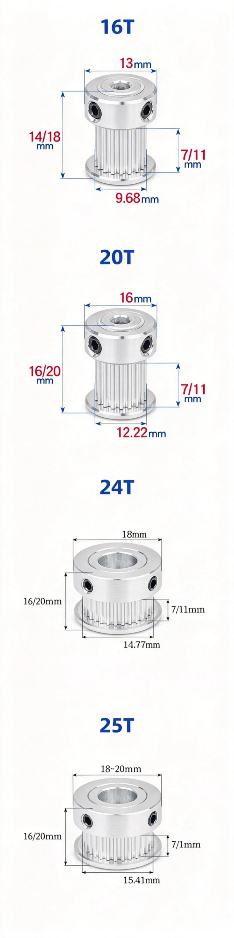 Maosu 2gt Timing Pulley 16/20/24/25teeth K-type 2m Gt2 Pulleys Bore 4/5/6/6.35/7/8mm Belt Width 6/10mm Timing Wheel