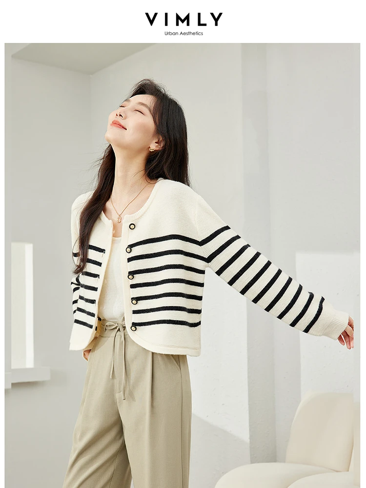 Vimly Striped Round Neck Cropped Knitted Cardigan 2024 Spring French Style Elegant Knit Women Top High Stretth Knitwear 72591