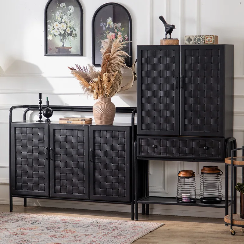 خزانة جانبية لتناول الطعام خشبية رعوية سوداء، وخزانة مدخل بثلاثة أبواب وأربعة أبواب، وخزانة تخزين منزلية