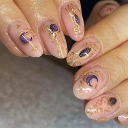 Glitter Purple Moon False Nails with Gold Foil Design Ins Style Fake Nails Short Round Head Artificial Nail Patch Free Shipping
