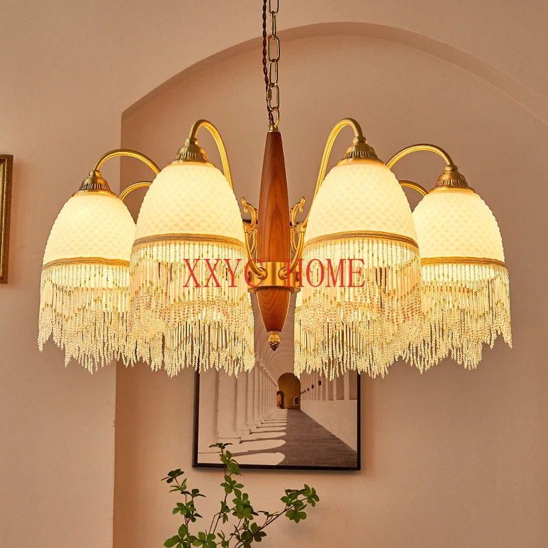 

Brass Grid Tassel Living Room Chandelier French Solid Wood Style Bedroom Study and Restaurant Chandelier