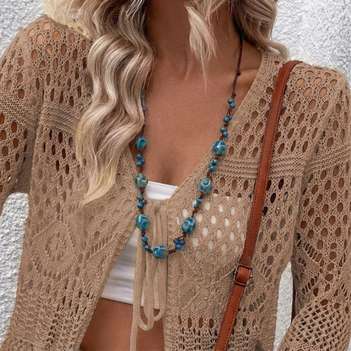 Retro-Künstlerischer Stil Unregelmäßige Blaue Keramikperlen Lange Halskette für Frauen Männer Boho Ethnische Braune Wachsschnur Pulloverkette Schmuck – Detail 23