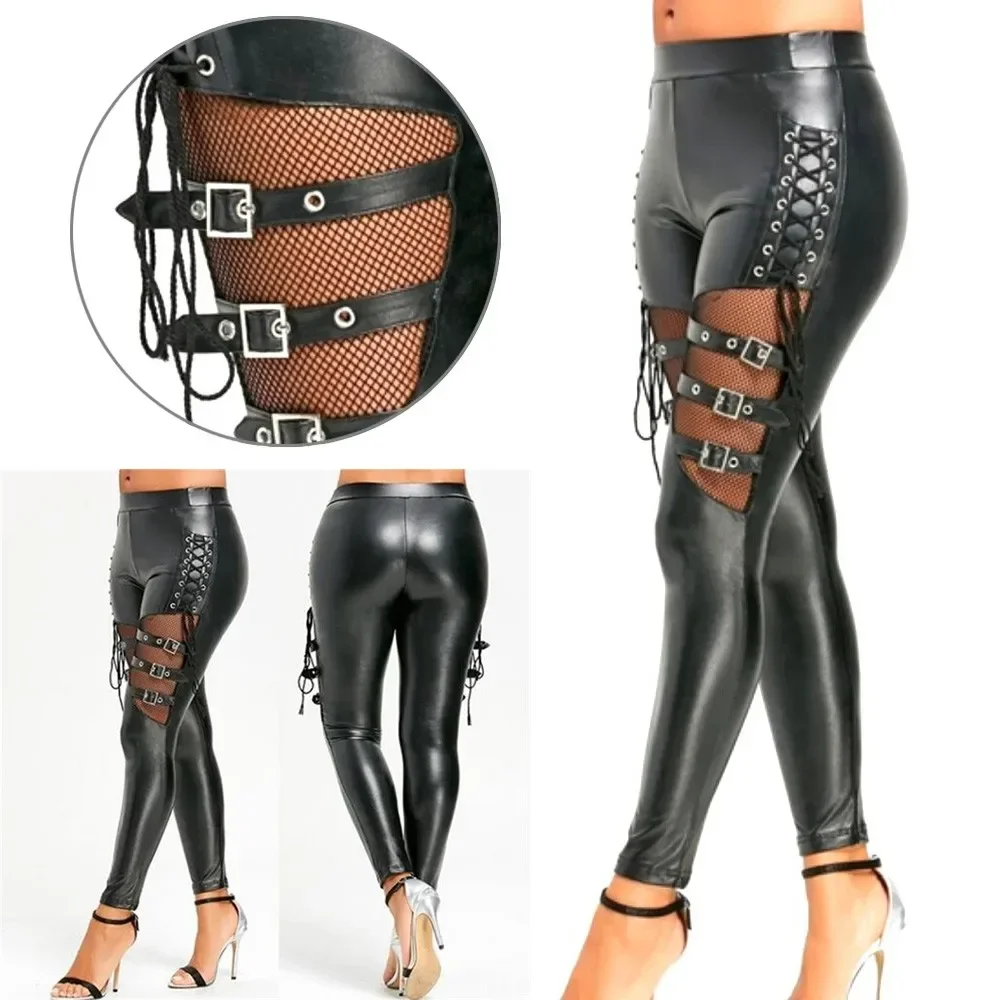 Women PU Leather Quick Dry Skinny Slim Trouser Erotic Solid Color Gothic Punk Leggings Stretch Fishnet Trim Lace Breathable Pant