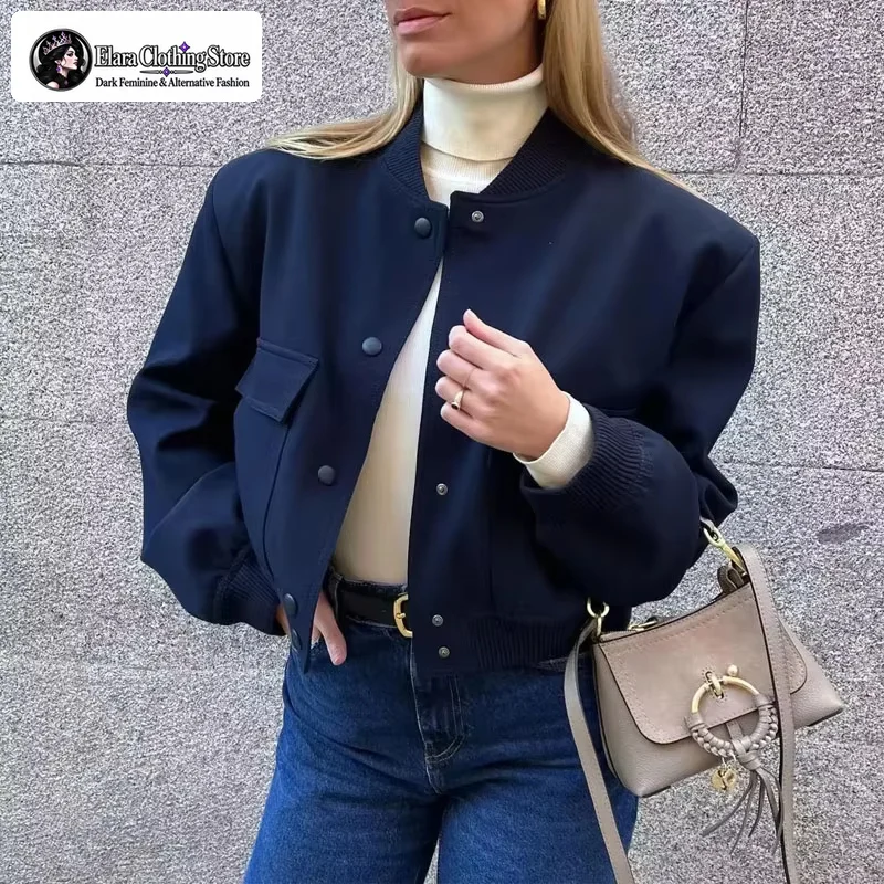 Elara 2026 New Y2k Style Standing Collar Large Pocket Women's Jacket Unisex Style Autumn Long Sleeved Pilot Jacket Jacket