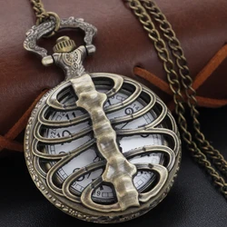 Interesting hollow ribbed shape quartz pocket watch vintage bronze bracelet necklace for Halloween gifts for men and children