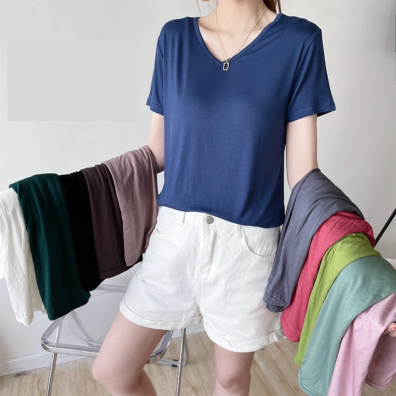 

Modal V-neck Short-sleeved T-shirt Women's Summer New Style Solid Color Loose and Thin Blouse Thin Large size Bottoming Shirt