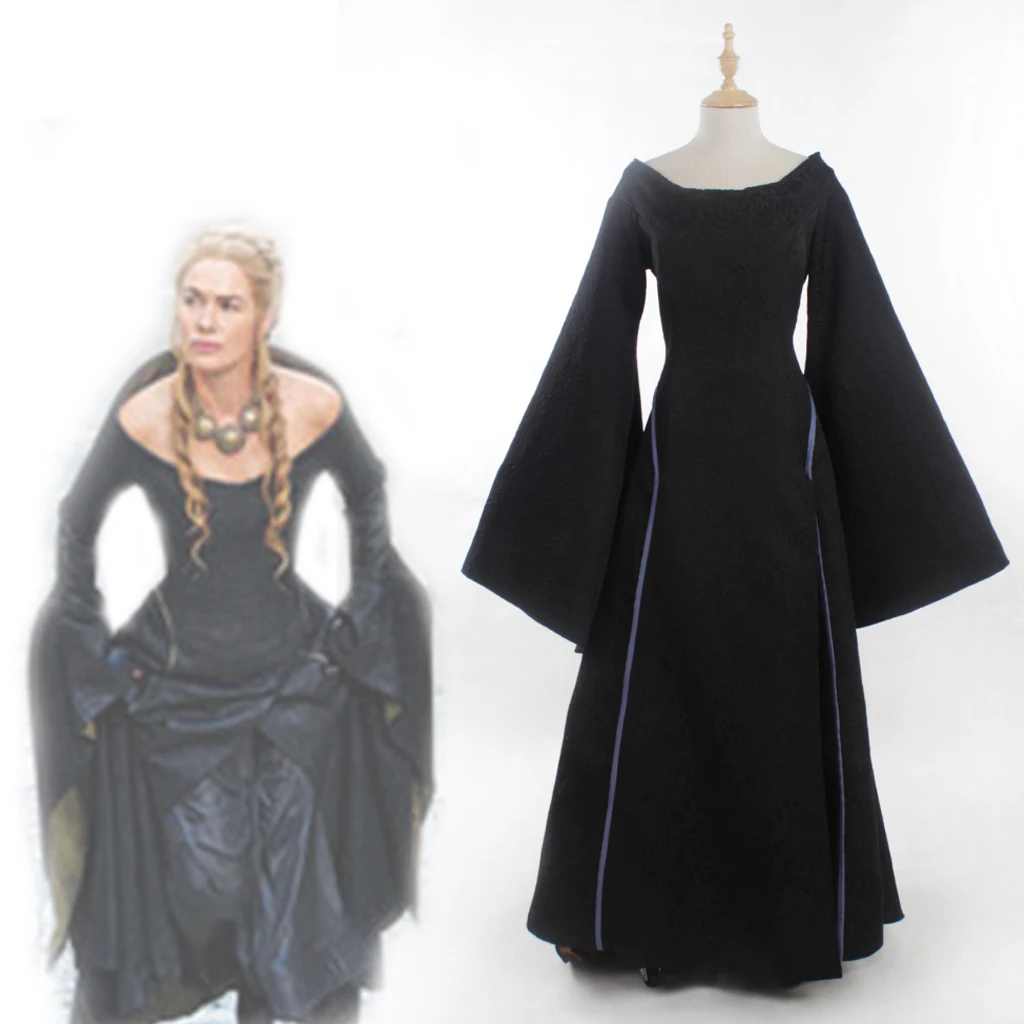 TV Series Cosplay Cersei Lannister Costume Queen Black Dress Halloween Carnival Party Fantasia Renaissance Ball Gown