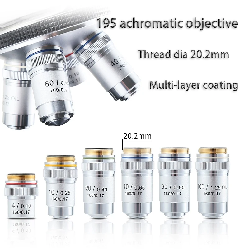 Szkło optyczne o dużej mocy biologiczne 4x10x20x60x40x100x195MM sprzężone odległości achromatyczne mikroskop biologiczny cele