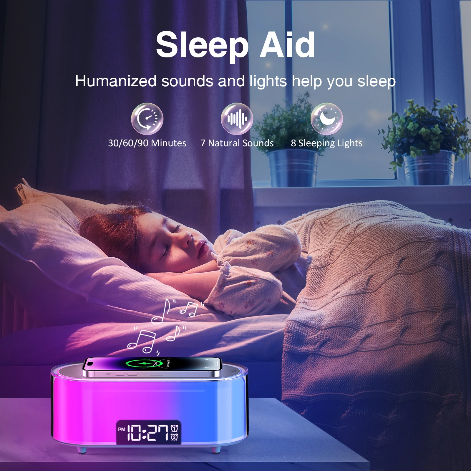 COLSUR S01T Night Lights LED Sunrise Alarm Clock Wireless Charging Natural Sounds Sleep Aid Snooze Bedroom Room Decor Lamp