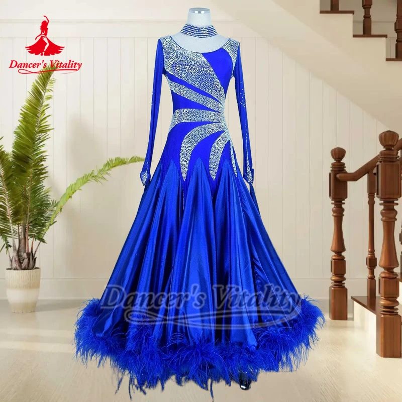 소셜 댄스 V자형 백 럭셔리 드레스, 목걸이 포함, 댄서의 활력을 담은 여성 왈츠, 타조 깃털 하단 헴라인 의상, 맞춤 제작
