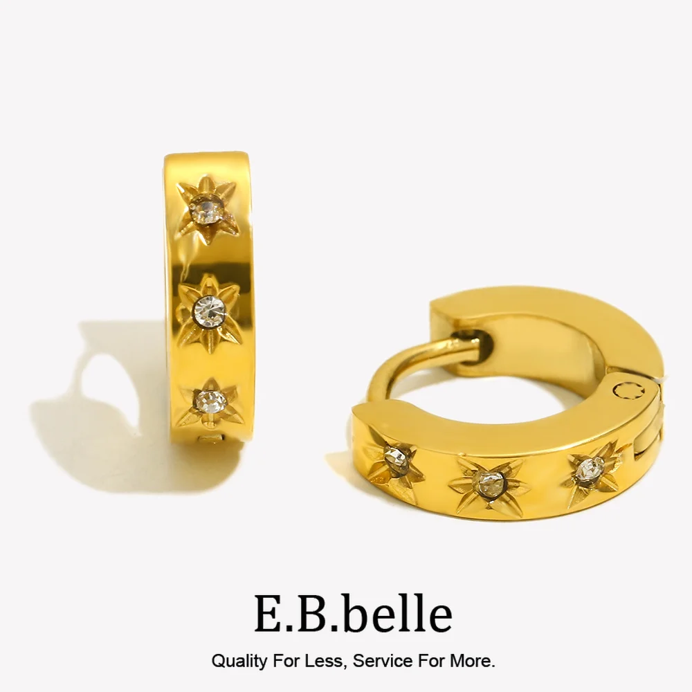 E.B.belle 3A Zircon Paved Tiny Stainless Steel Huggie Earrings For Women Gold Plated Small Star Hoop Earring Jewelry