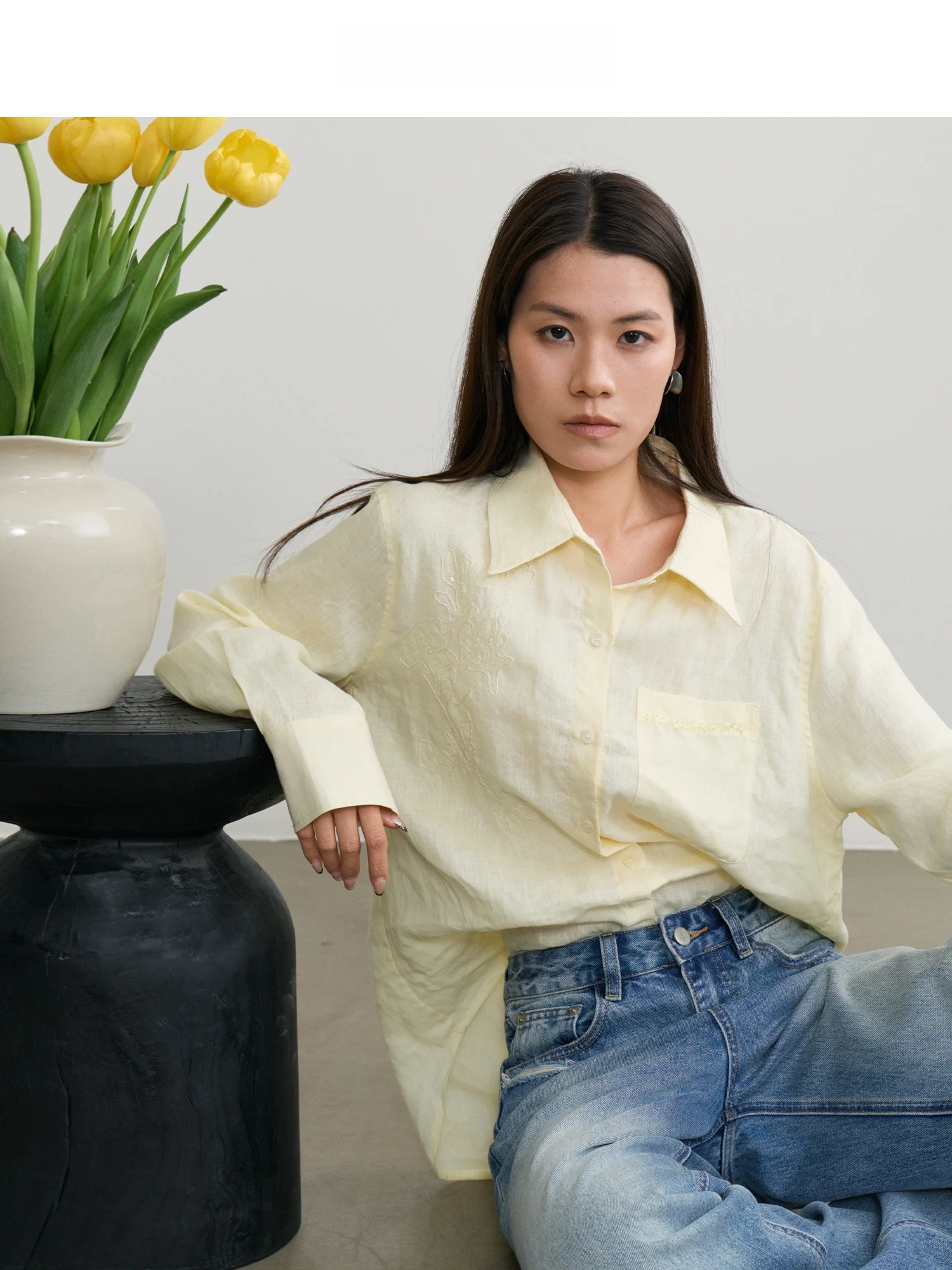 

New Spring Xili Women's Embroidered Bead Decorated Shirt Heavy Stitching Linen Breathable High Luxury Long Sleeve Casual Style