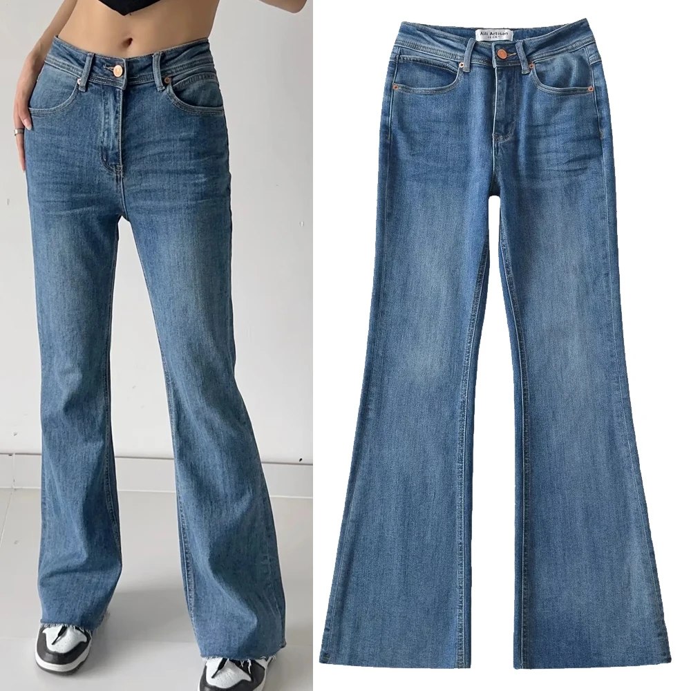 

Women's Slim Fit H240 Long Leg Ceiling Flare Retro Denim Jeans l Waist Coat Length Coated Denim Fabric