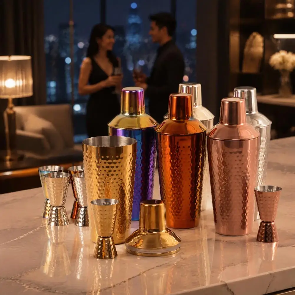 Stainless Steel Mixing Shaker Hammered Cocktail Shaker Cup/Measuring Cup Durable Built-in Strainer Mixer for Home Bar Use