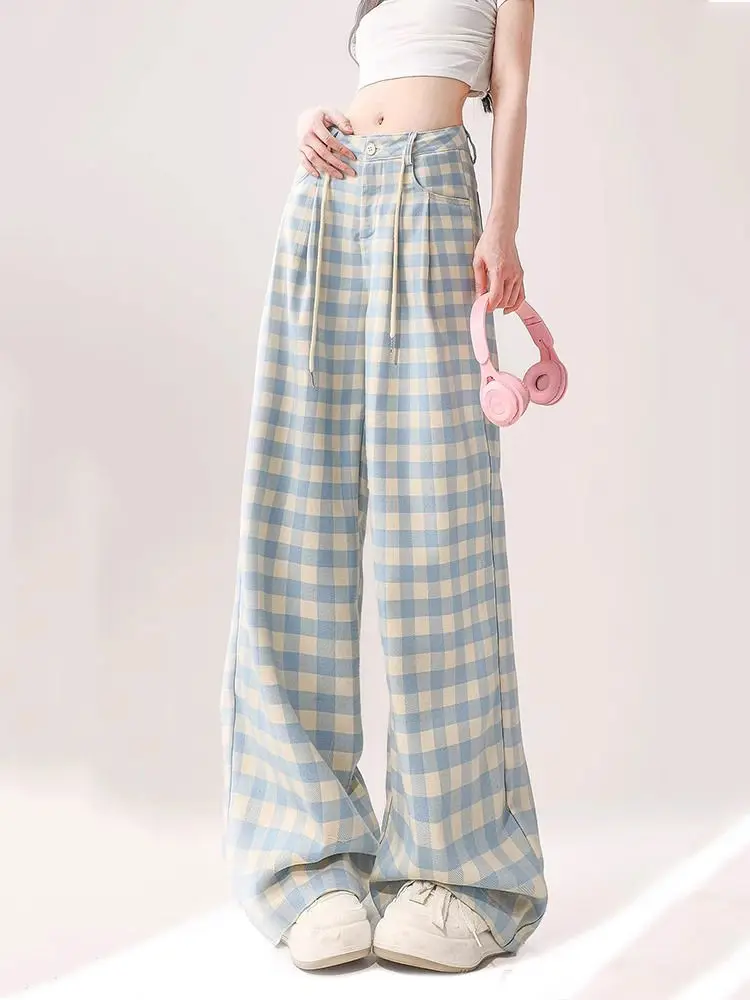 

Casual Plaid Drawstring Wide Leg Pants Women High-waisted Slimming Stright Trousers Girls Trendy Loose High-street Pants