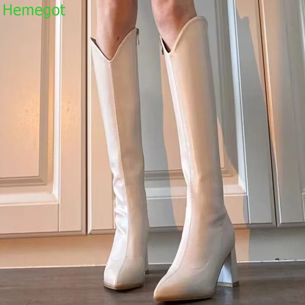 

Pointed Toe Knee-High Knight Boots 2024 Spring New Side Zip Black/white 8Cm Thick High Heels Boots Fashion Women Long Boots