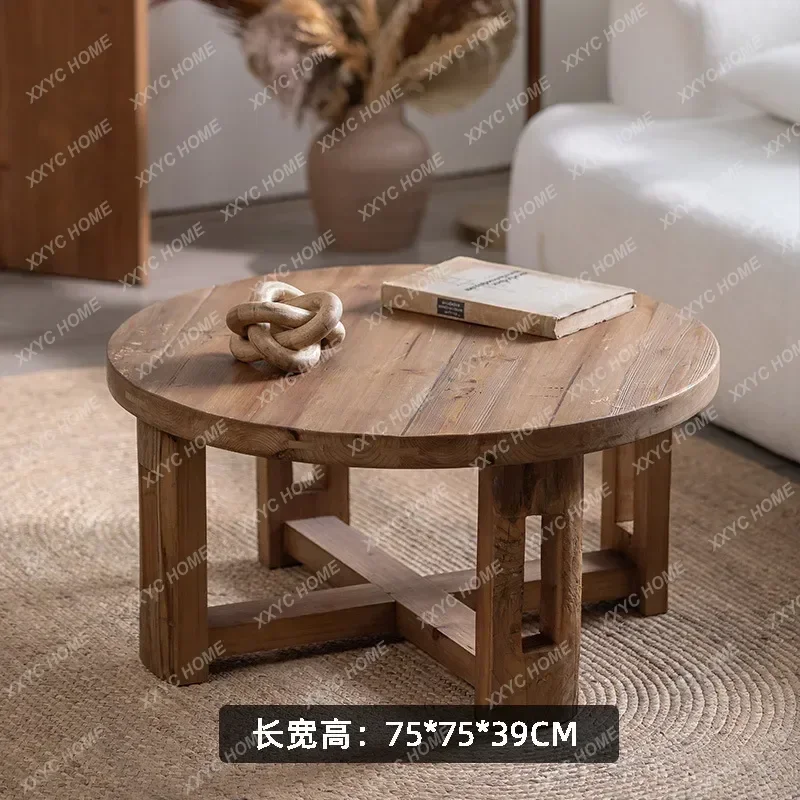 L Wabi Sandy Wind Solid Wood Small Round Table Homestay Retro Old Household Living Room Coffee Table