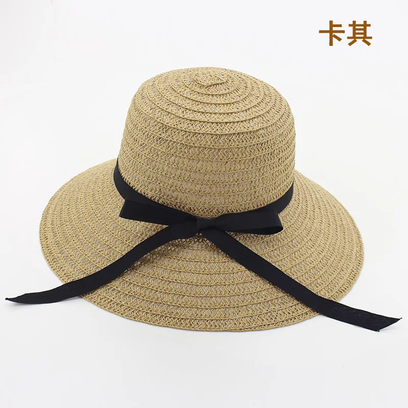 Einfarbiger Strohhut mit Schleife für Damen, koreanischer Fischerhut, faltbar für Outdoor-Wanderungen, Reisen, Sonnenschutz-Strandkappe, atmungsaktiv