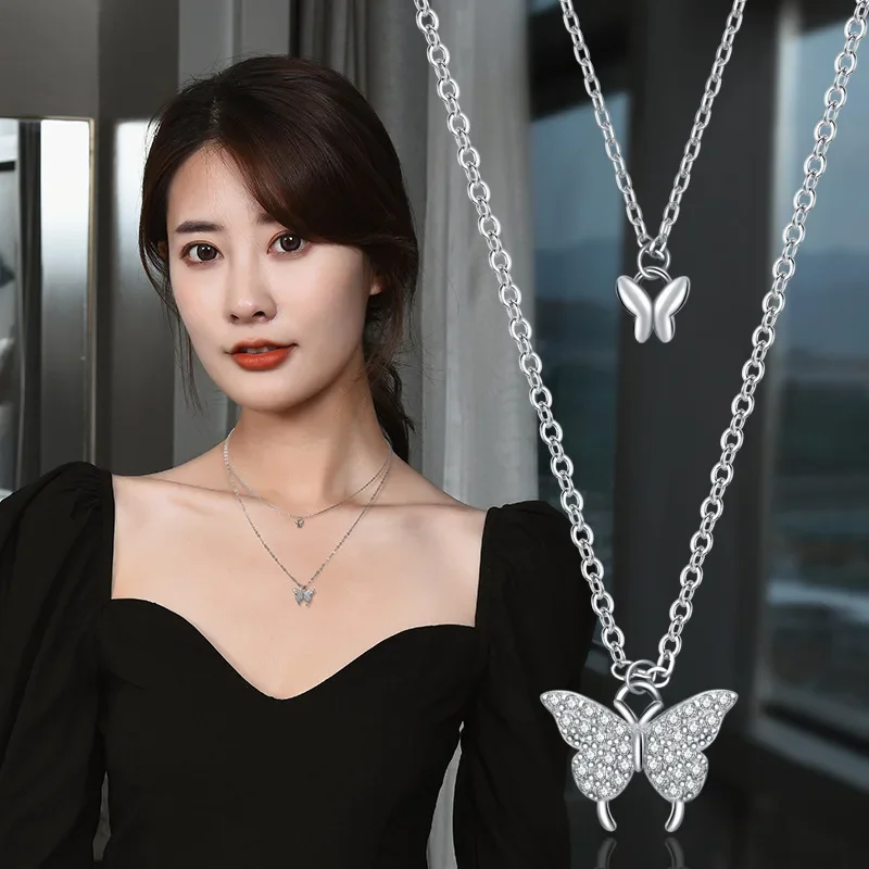 Nuova collana a farfalla da donna a doppio strato in acciaio al titanio, catena con clavicola a farfalla