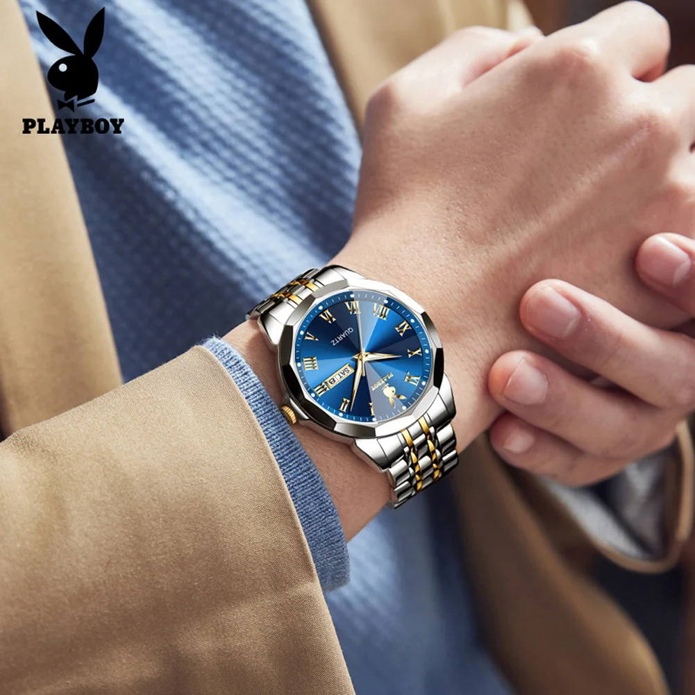 PLAYBOY Casual Fashion Business Men Watch High Quality Stainless Steel Waterproof Dual Calendar Luminous Quartz Watches for Men