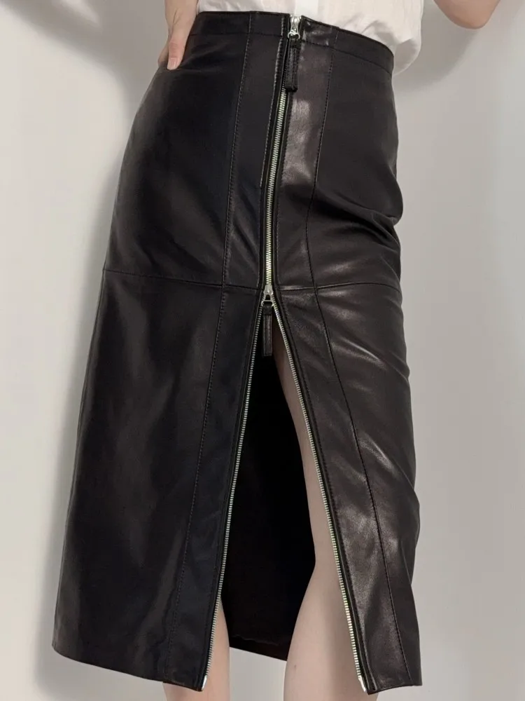 Ladies Leisure Style Solid Color Genuine Leather Top Quality Long Skirts High Waist Zipper Sheepskin Handmade Straight Skirt