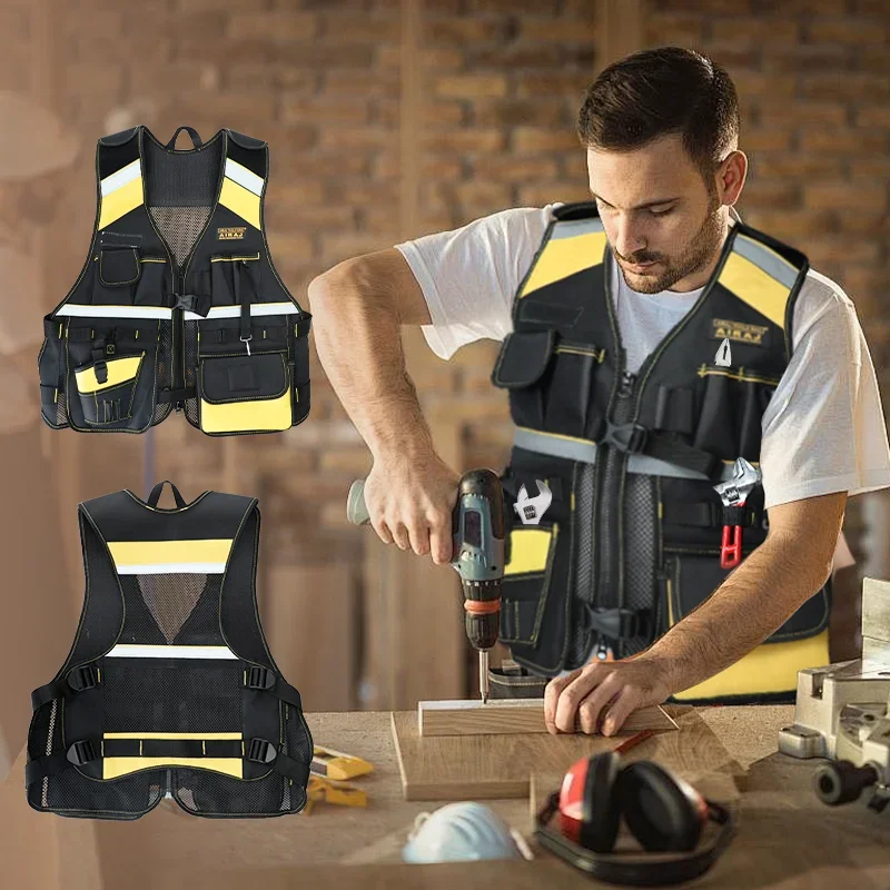 

AIRAJ Tool Bag Tool Vest,Electrician Multi-pocket with Drill Cover,Adjustable Construction Suit with Mesh Back and Shoulder Pads