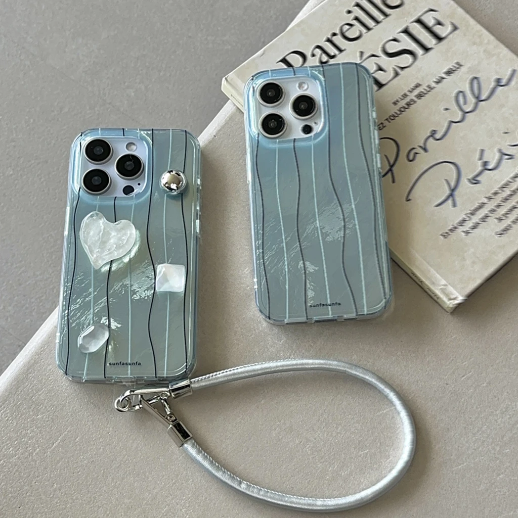 

Originality Blue Line Stereoscopic Love Gemstone Decoration With Lanyard Phone Cover Case for iPhone 16 15 14 13 Pro Max