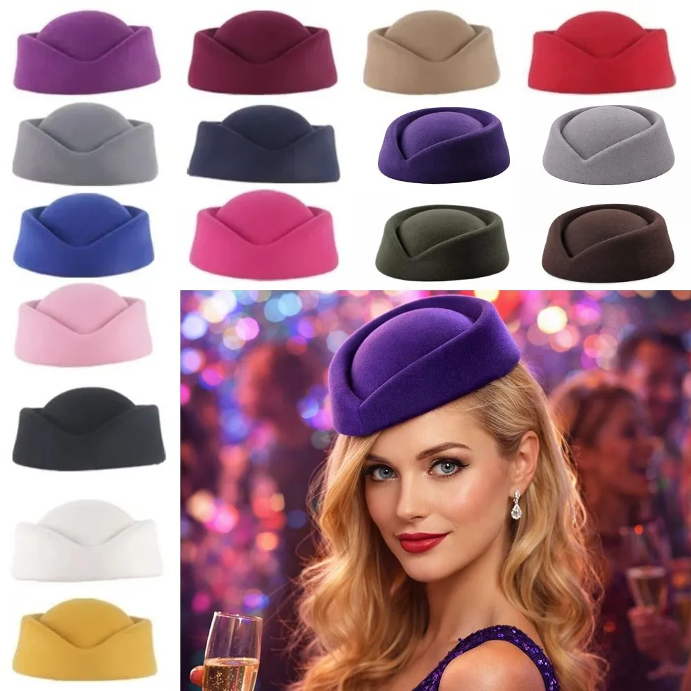 Versatile British Retro Top Hats Formal Solid Felt Beret Concave Top Flight Attendant Hat Women Headwear