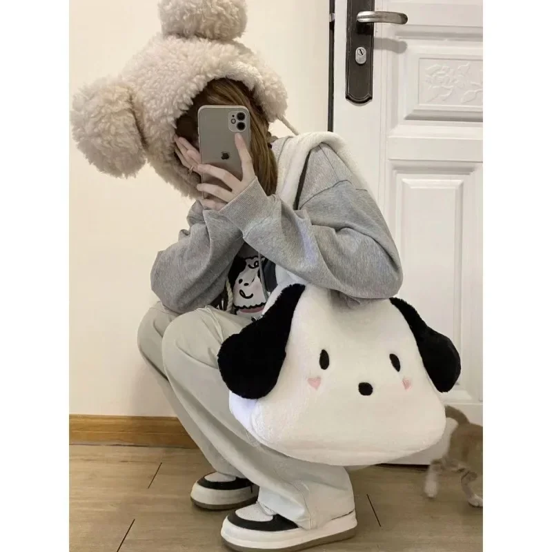 MBTI Pochacco Cute Shoulder Bag for Women Cartoon Plush Fashion Fluffy Tote Bag Casual Large Capacity Kawaii Lolita Jk Backpack