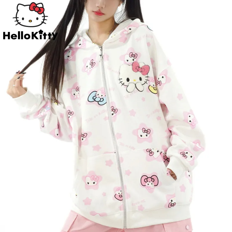 

Sanrio Hello Kitty Y2k Cute Sweet Girl Style Hoodies Kawaii All Over Printed Hoodie Sweater Women's Autumn Trend Zipper Cardigan