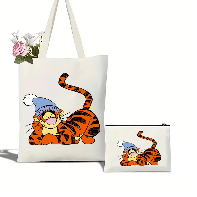 MINISO Disney Patch Tigre Tigrou Tote Bag Large Capacity Shopping Bag Lightweight Shoulder Handbag Printed Casual Handbags