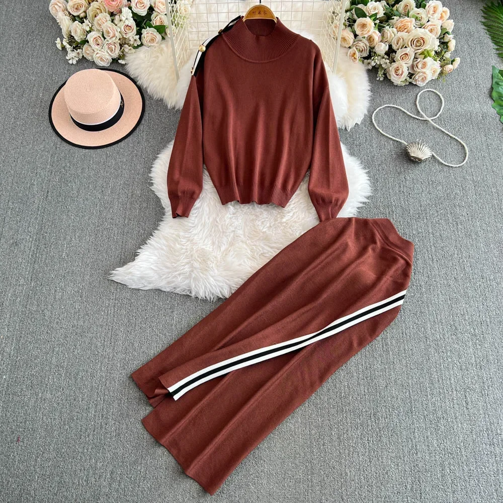 Chic Women Two-Piece Sets Knit Long Sleeve Half High Collar Loose Top and High Waist Asymmetrical Skirt Korean Casual Clothing