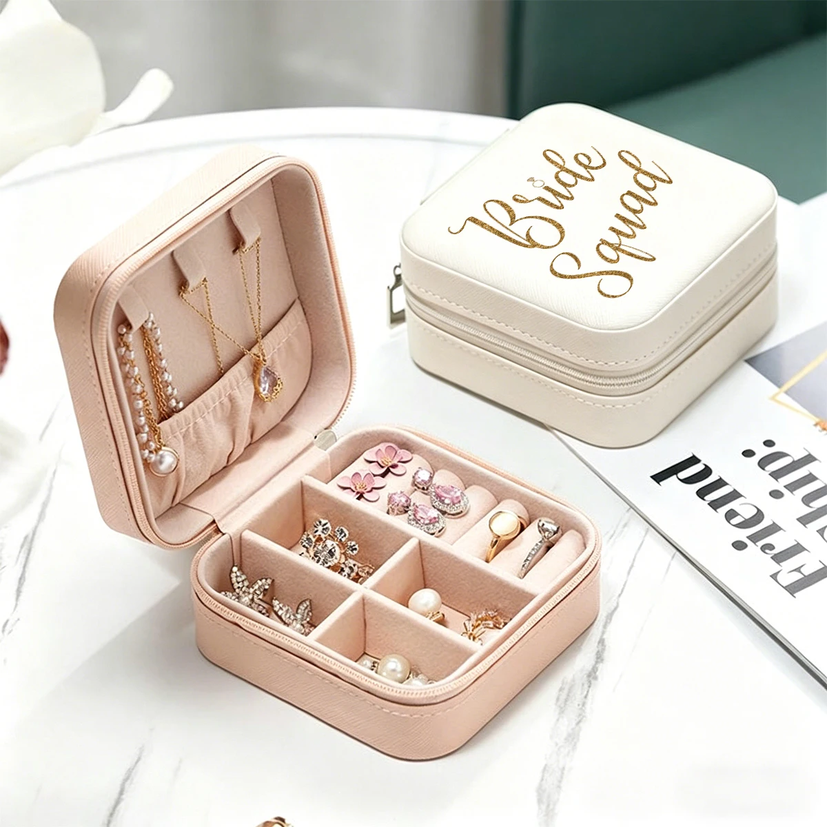 Personalized PU leather jewelry box pearl box portable women's travel earrings necklace storage wedding gift