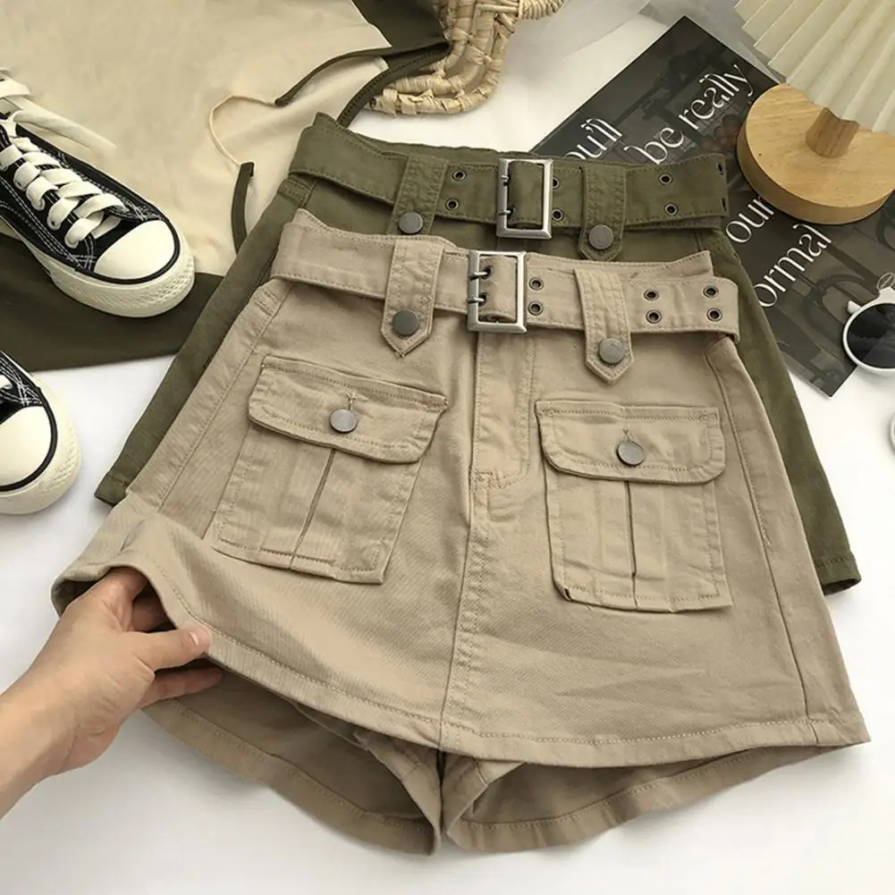 Women Skirt Korean Style High Waist Mini Skirt With Belt Big Pocket Cargo Skirt Shorts Conservative Anti-exposure Shorts Skirt