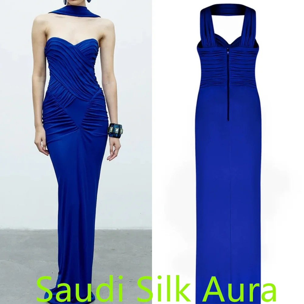 Customized Fashion  Blue Jersey Homecoming Dress Exquisite Strapless Ruched Mermaid Zipper Back Customized  Vestido De Festa