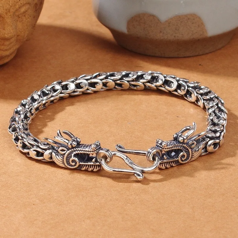 

Real Solid 925 Sterling Silver Chain Men 8mm Dragon Head Phoenix Feather Bracelet 47g/22cm