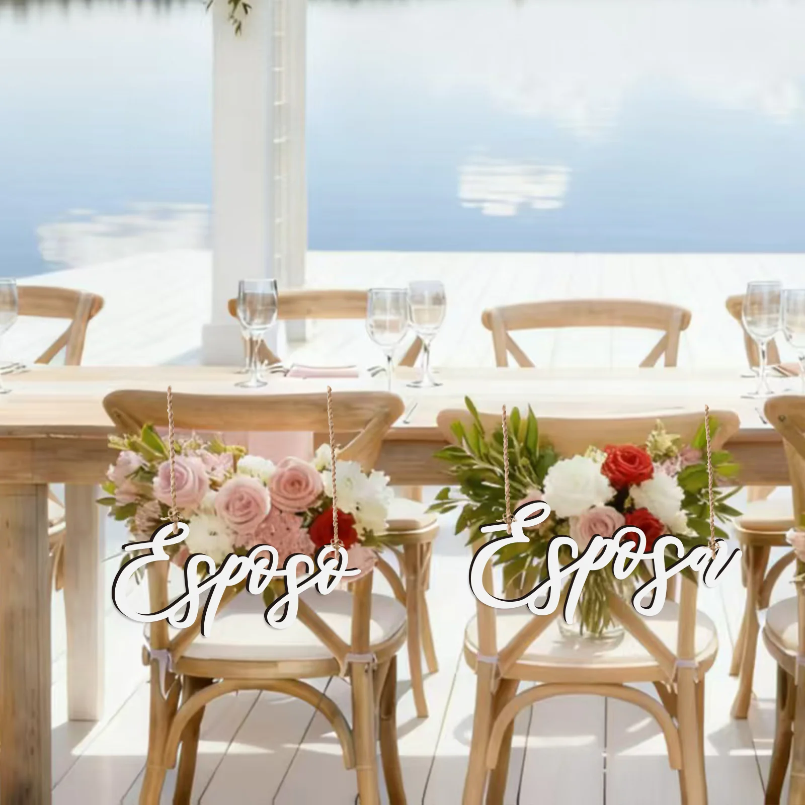 Spanish Wedding Chair Signs Set - Esposa & Esposo White Wooden 0.4cm, 28.8x13.5cm & 31.7x14.3cm, Laser Cut